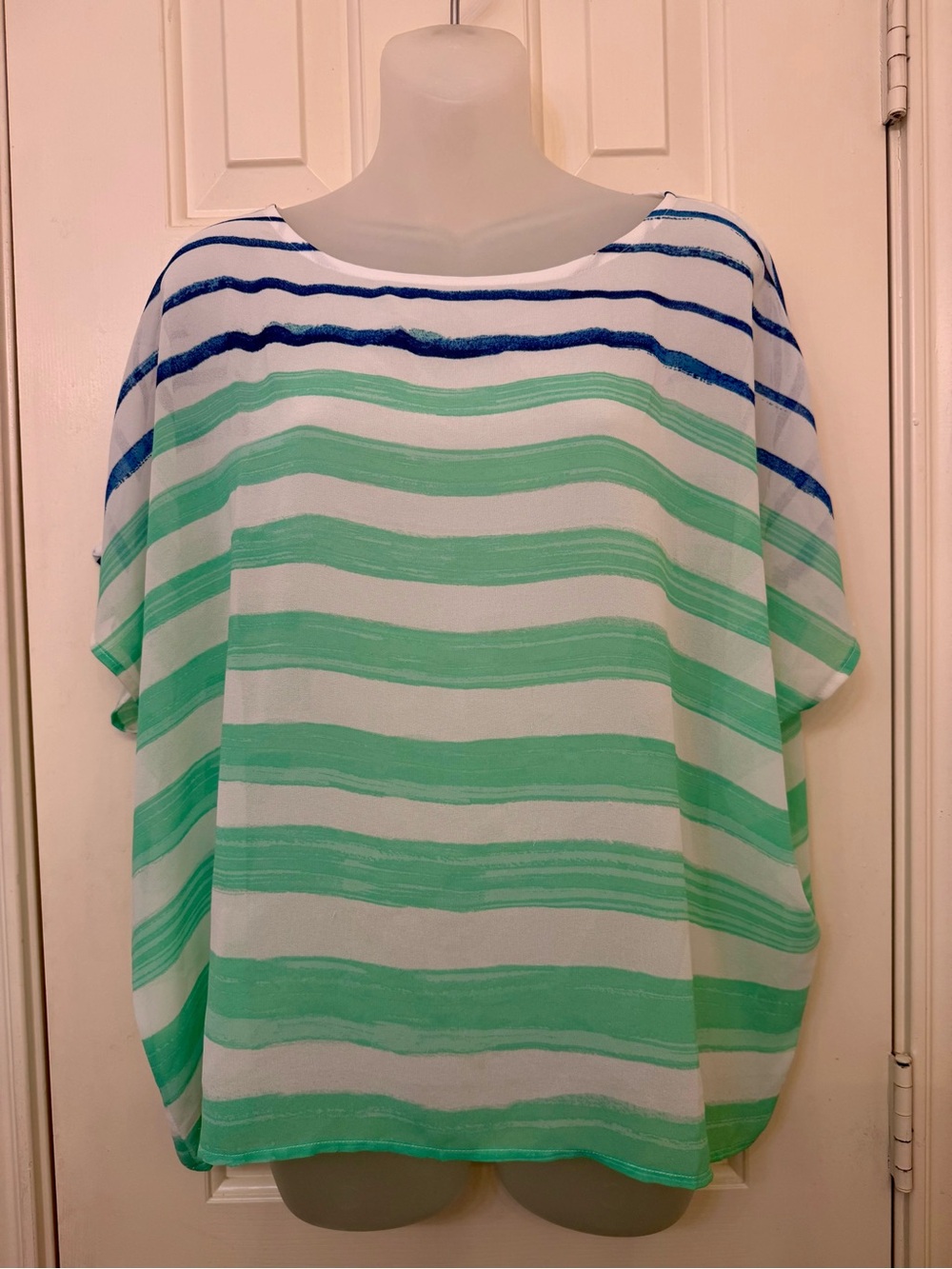Chico's Striped Swim Cover-Up Tunic in Mint Green & Navy